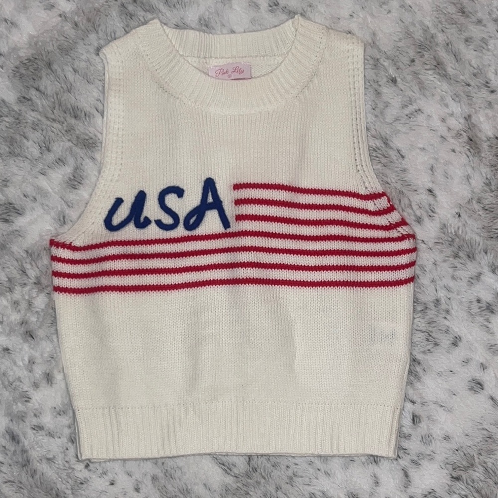 Pink Lily Cream USA Striped Knit Tank with Red & Blue Accents